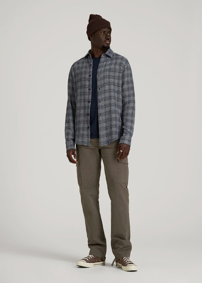 Lightweight Woven Overshirt for Tall Men in Navy Textured Grid