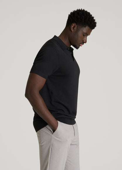 Linen Blend Knit Polo for Tall Men in Black