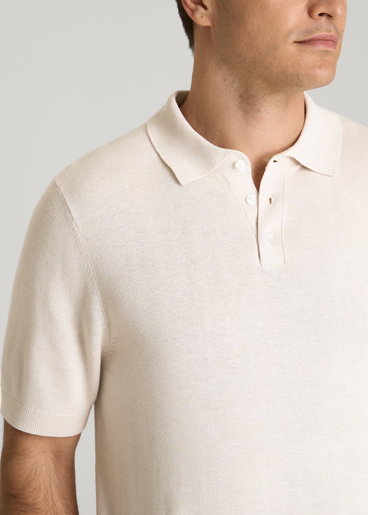 Linen Blend Knit Polo for Tall Men in White Sand