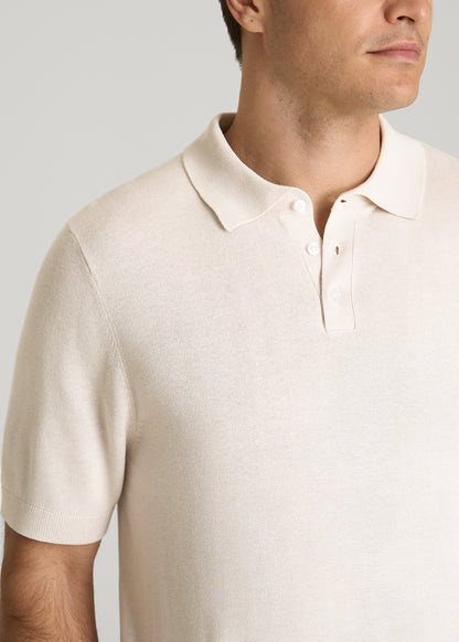 Linen Blend Knit Polo for Tall Men in White Sand