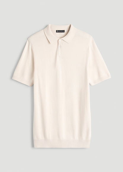 Linen Blend Knit Polo for Tall Men in White Sand
