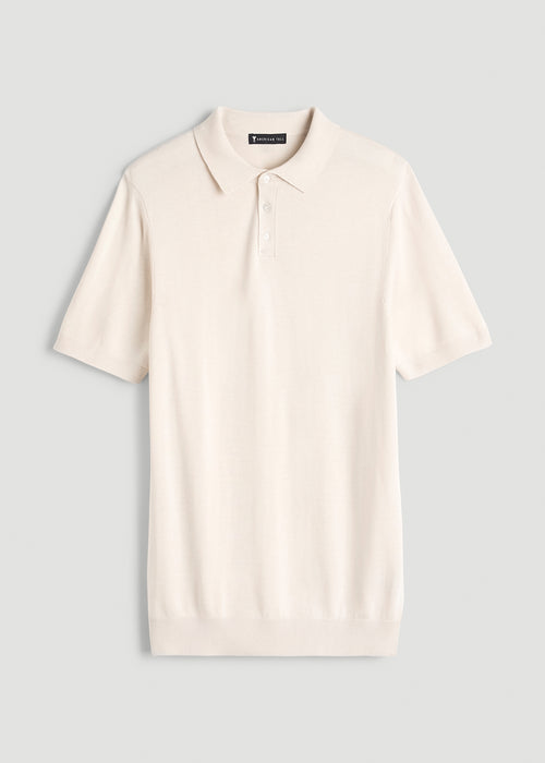 Linen Blend Knit Polo for Tall Men in White Sand