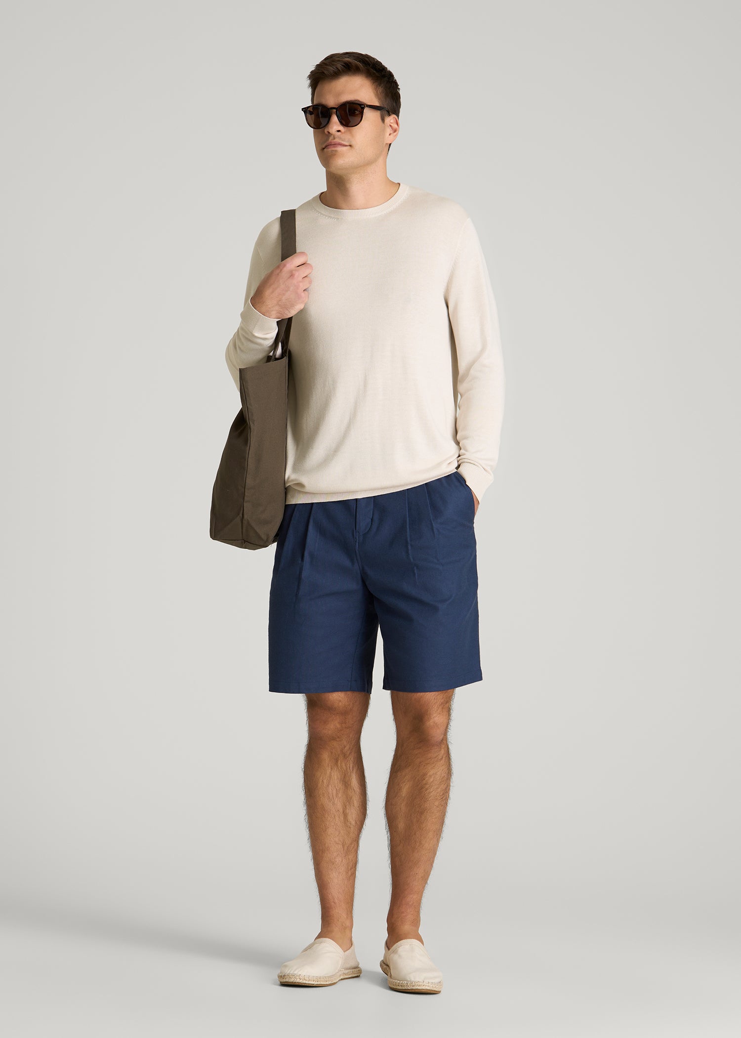 Linen Blend Lightweight Sweater for Tall Men in White Sand