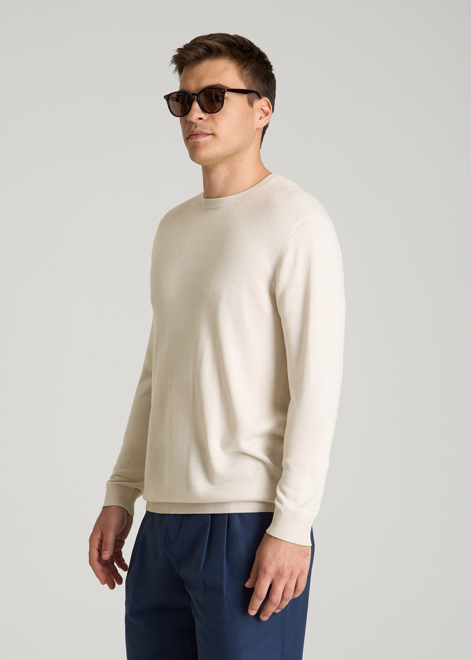 Linen Blend Lightweight Sweater for Tall Men in White Sand
