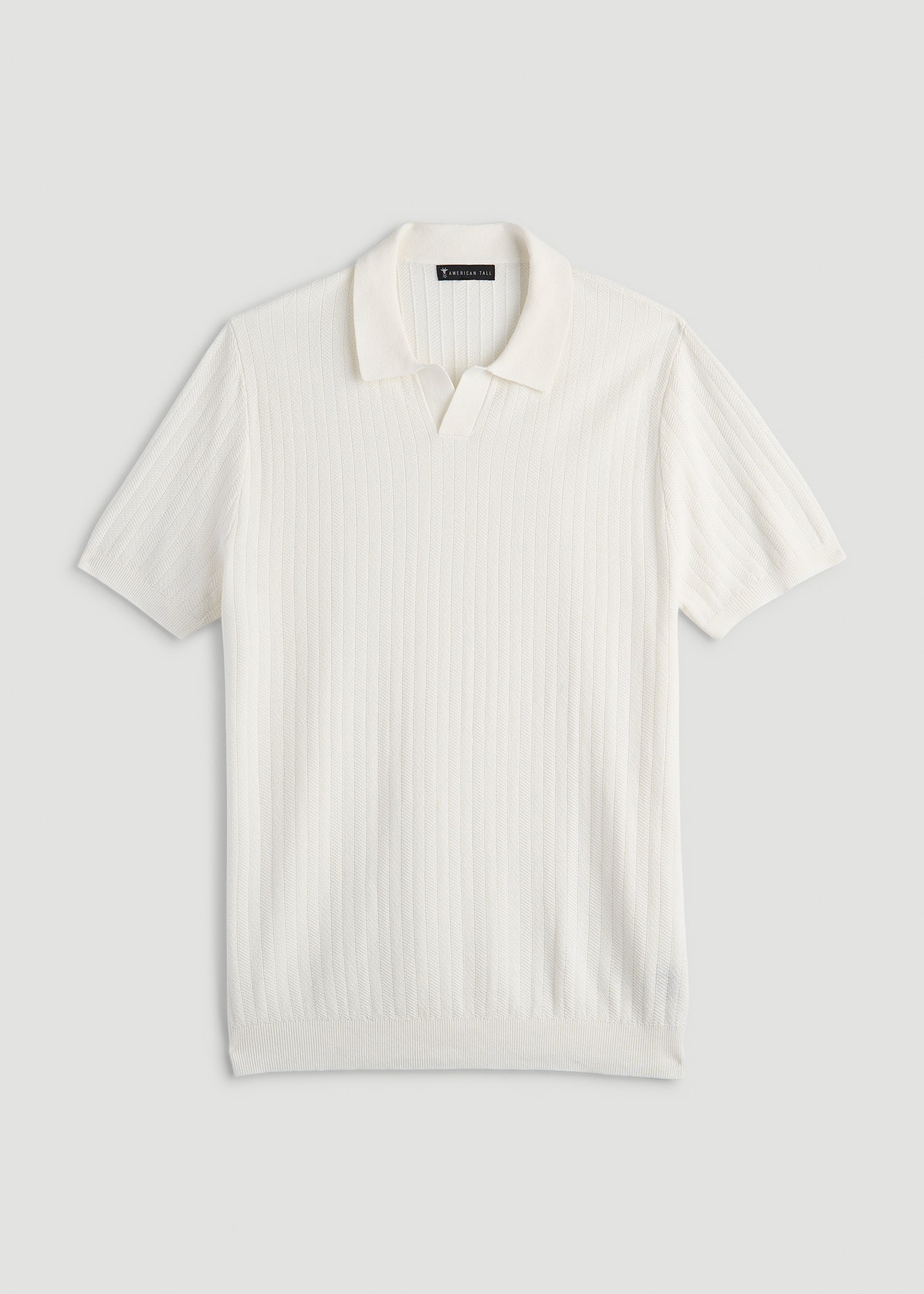 Linen Blend Ribbed Knit Polo Shirt for Tall Men in Ecru