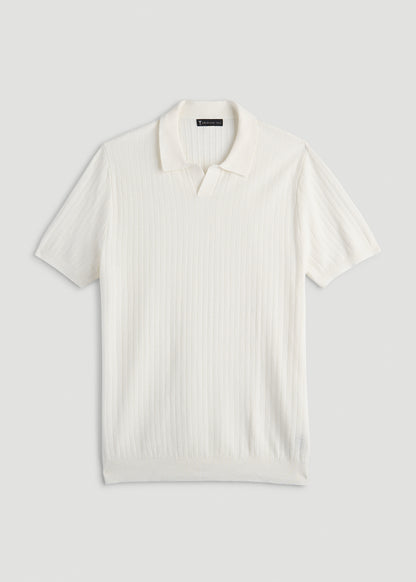 Linen Blend Ribbed Knit Polo Shirt for Tall Men in Ecru