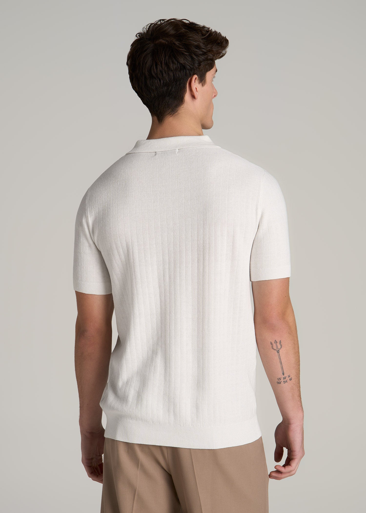 Linen Blend Ribbed Knit Polo Shirt for Tall Men in Ecru