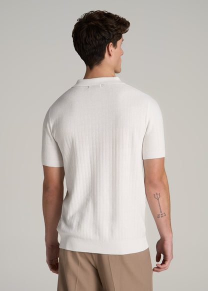 Linen Blend Ribbed Knit Polo Shirt for Tall Men in Ecru