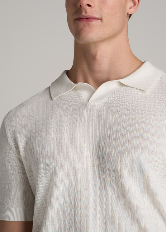 Linen Blend Ribbed Knit Polo Shirt for Tall Men in Ecru