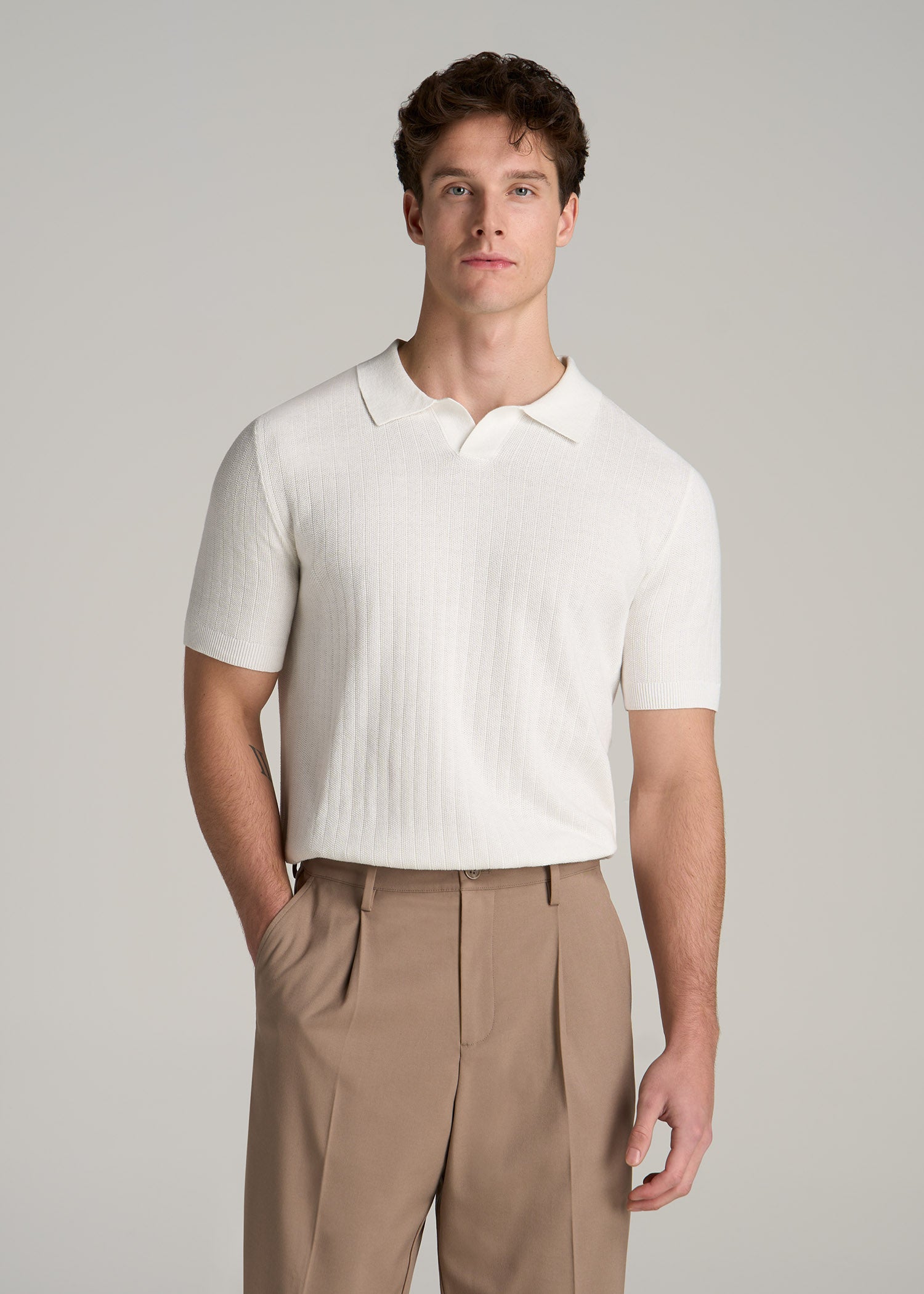 Linen Blend Ribbed Knit Polo Shirt for Tall Men in Ecru