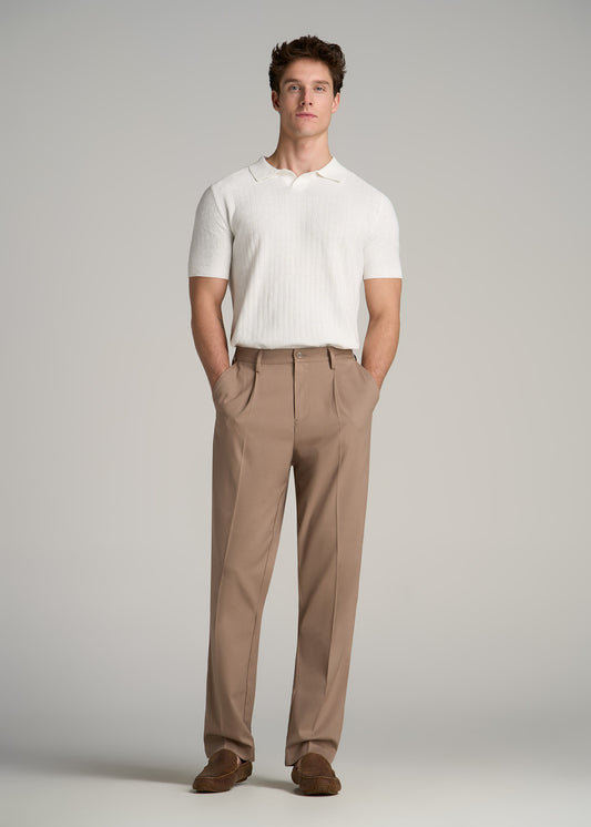 Linen Blend Ribbed Knit Polo Shirt for Tall Men in Ecru