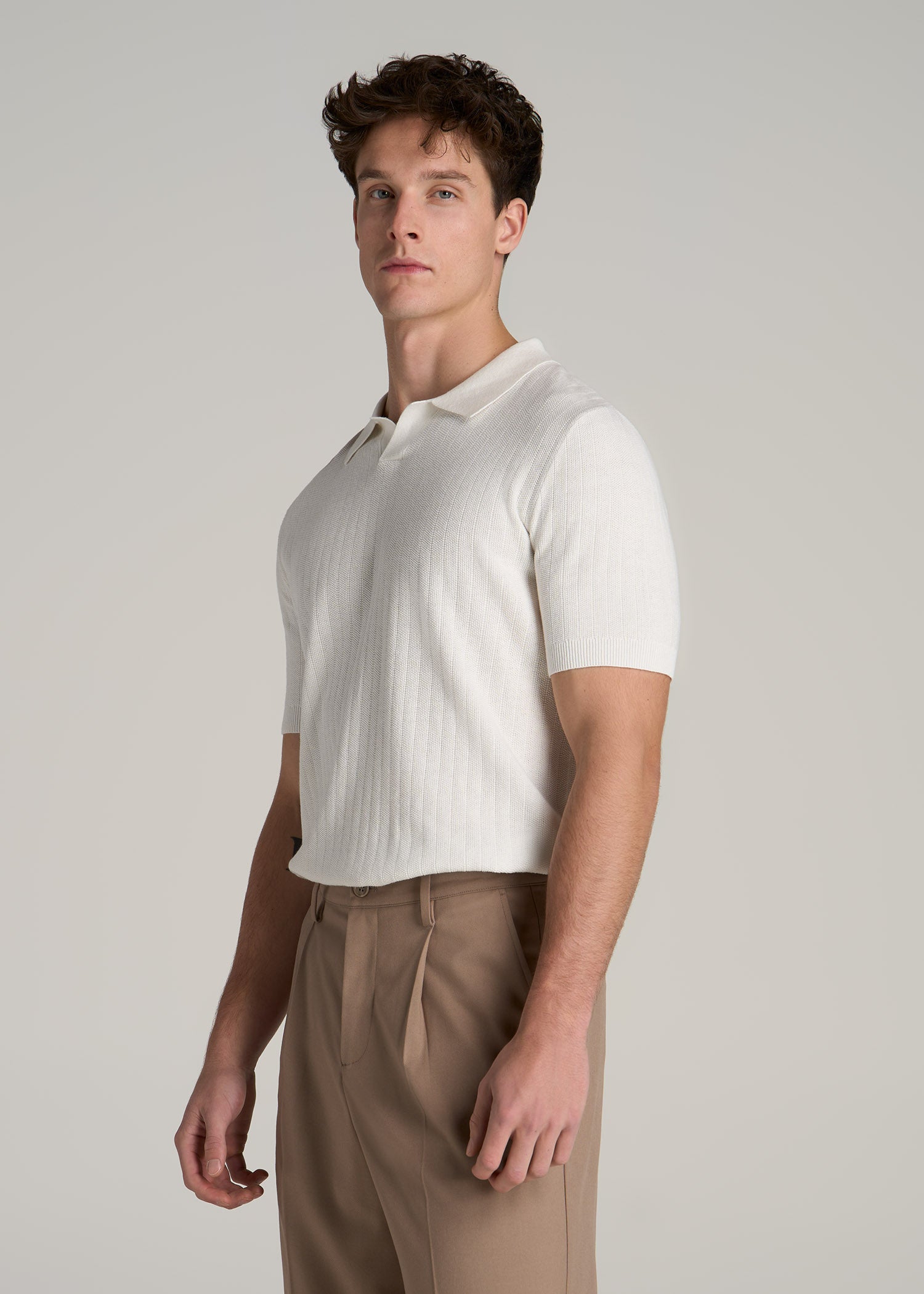 Linen Blend Ribbed Knit Polo Shirt for Tall Men in Ecru