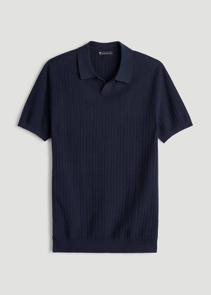 Linen Blend Ribbed Knit Polo Shirt for Tall Men in Evening Blue