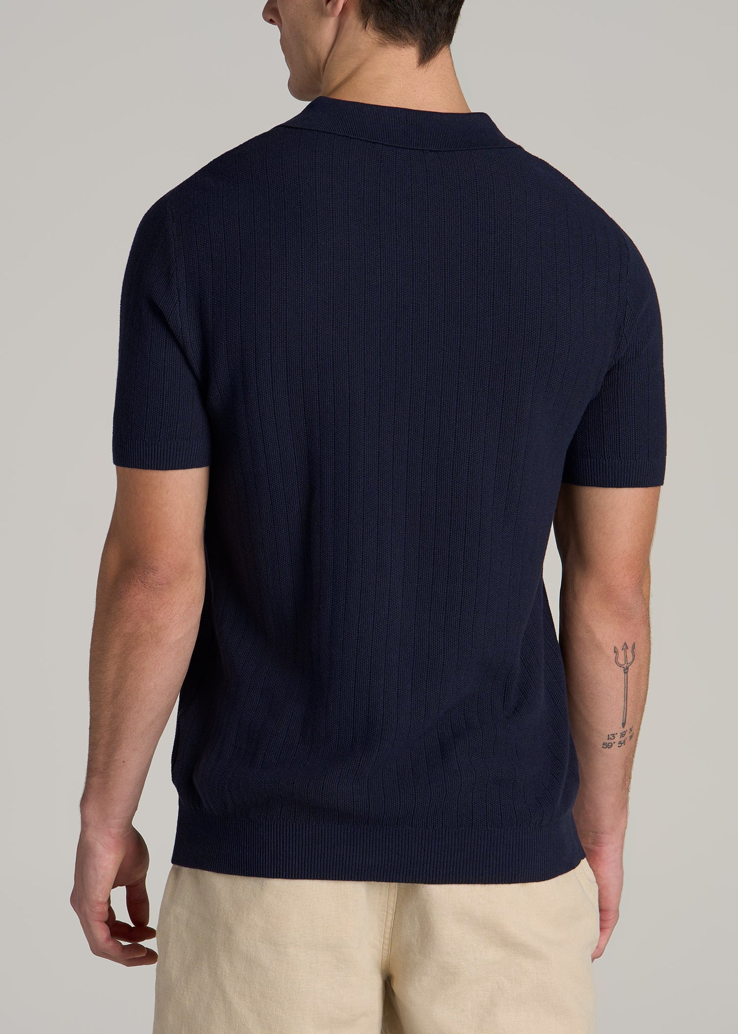 Linen Blend Ribbed Knit Polo Shirt for Tall Men in Evening Blue