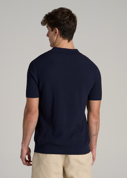 Linen Blend Ribbed Knit Polo Shirt for Tall Men in Evening Blue