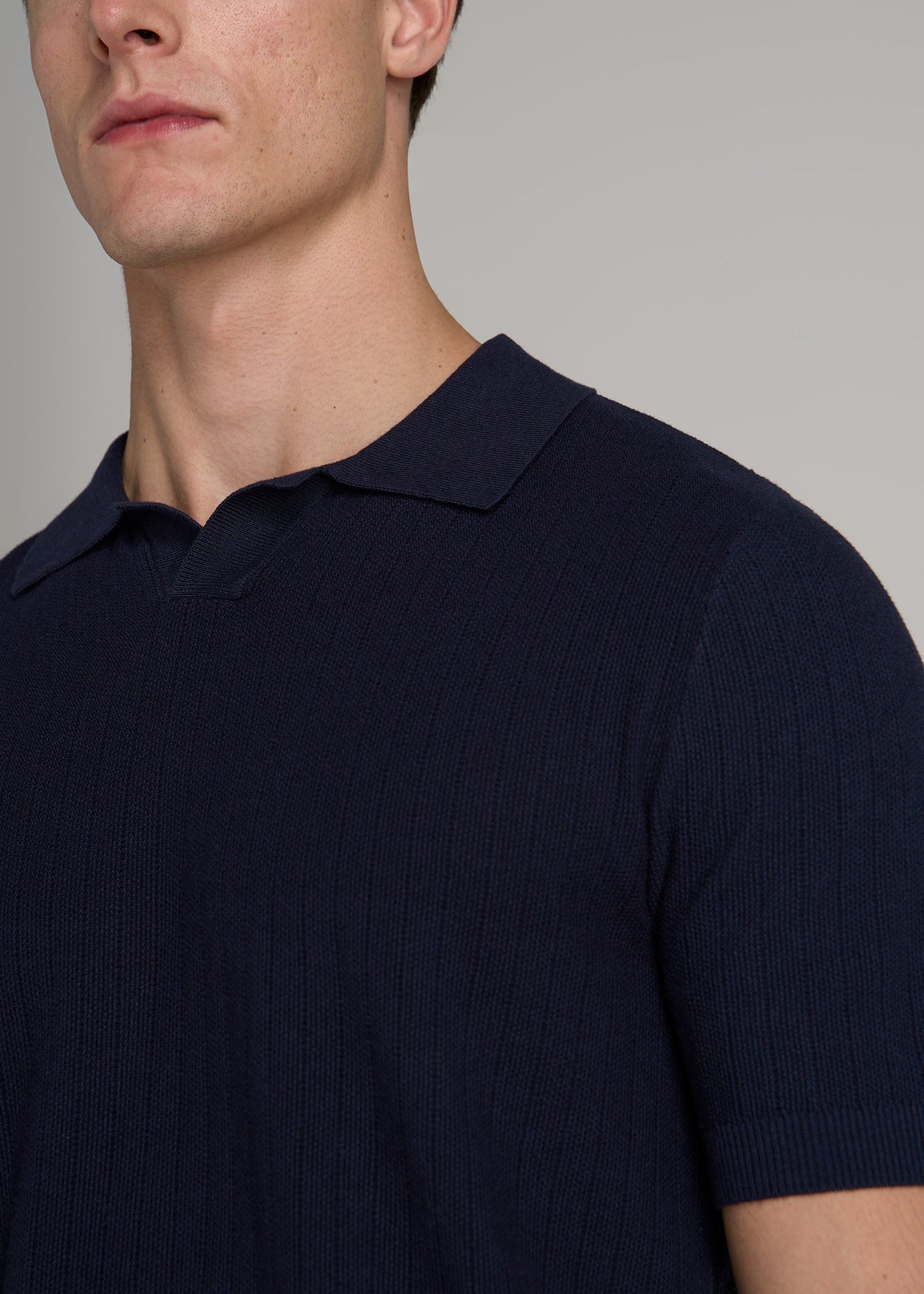 Linen Blend Ribbed Knit Polo Shirt for Tall Men in Evening Blue