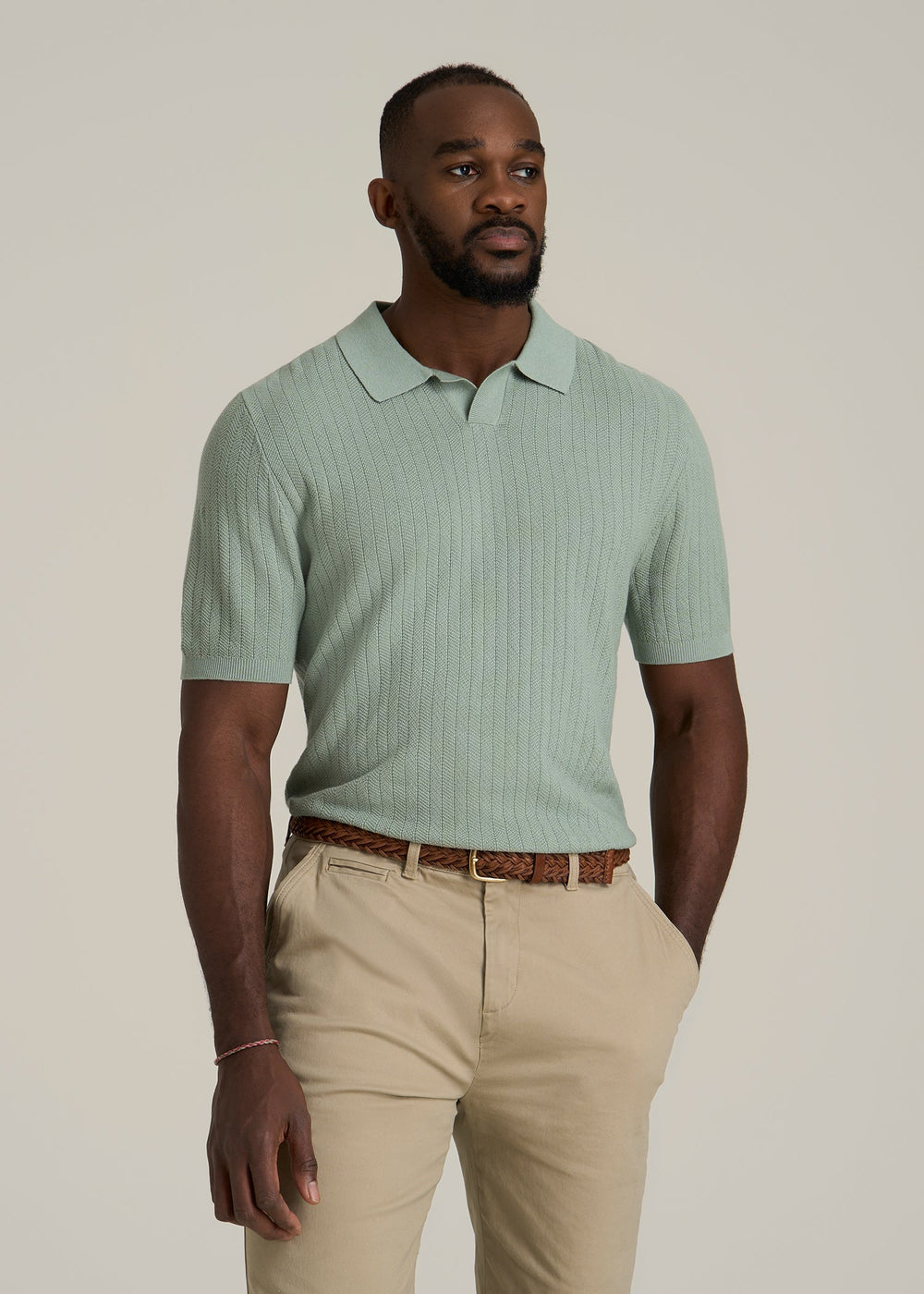 Linen Blend Ribbed Extra Long Polo Shirt for Tall Men | American Tall