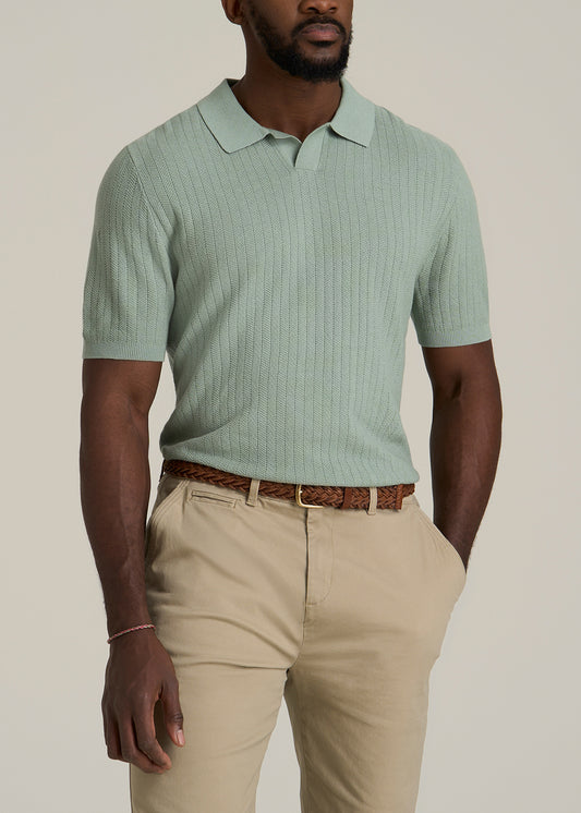 Linen Blend Ribbed Knit Polo Shirt for Tall Men in Seagrass