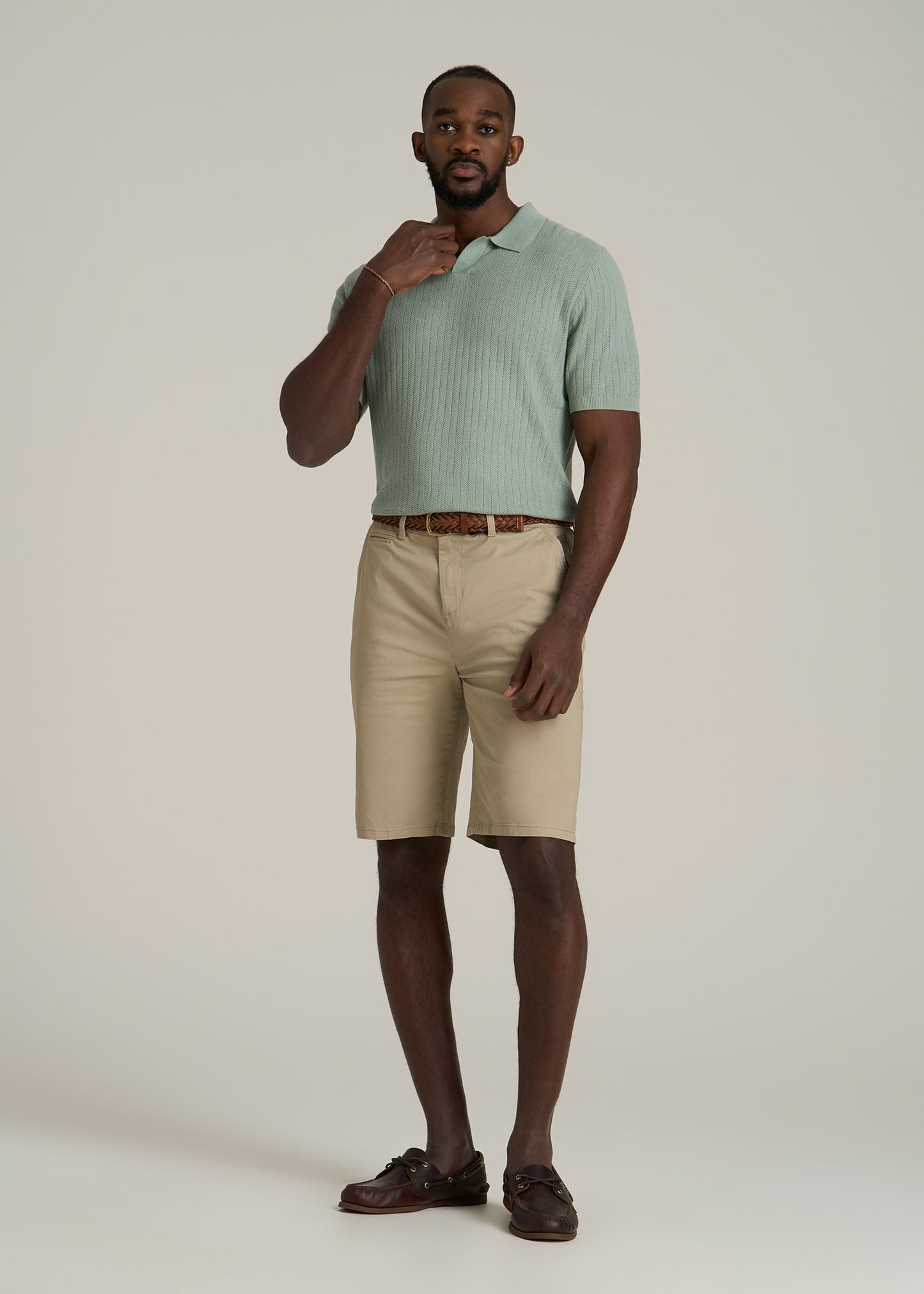 Linen Blend Ribbed Knit Polo Shirt for Tall Men in Seagrass