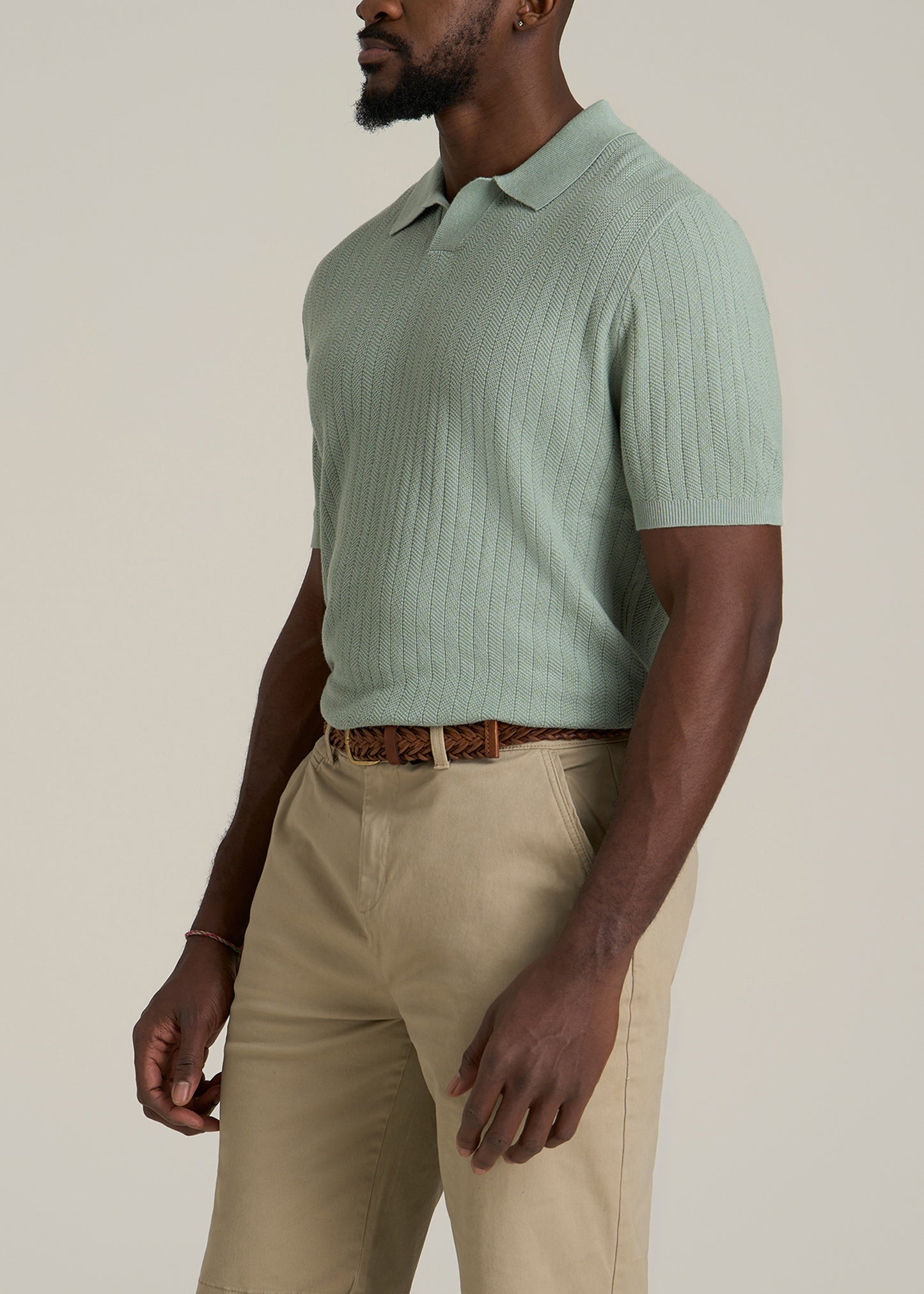 Linen Blend Ribbed Knit Polo Shirt for Tall Men in Seagrass