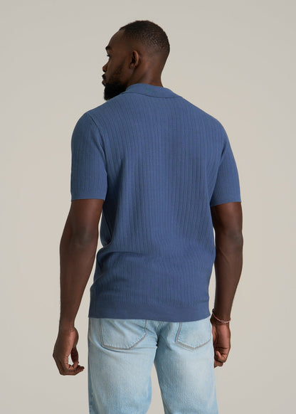 Linen Blend Ribbed Knit Polo Shirt for Tall Men in Steel Blue