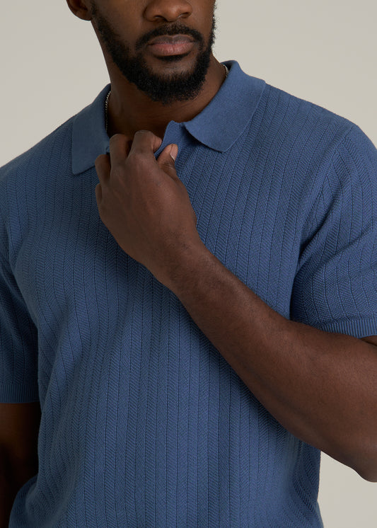 Linen Blend Ribbed Knit Polo Shirt for Tall Men in Steel Blue