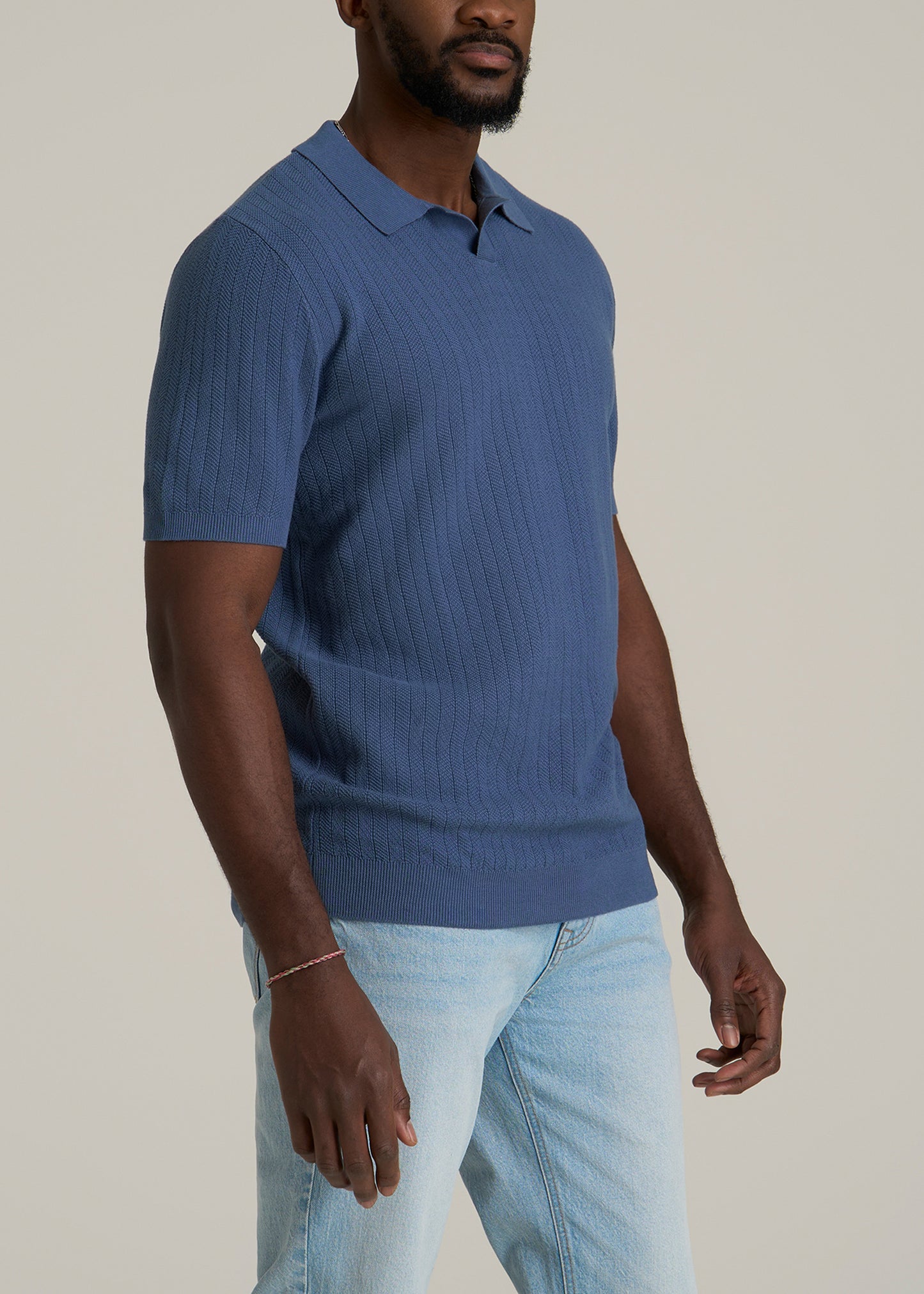 Linen Blend Ribbed Knit Polo Shirt for Tall Men in Steel Blue