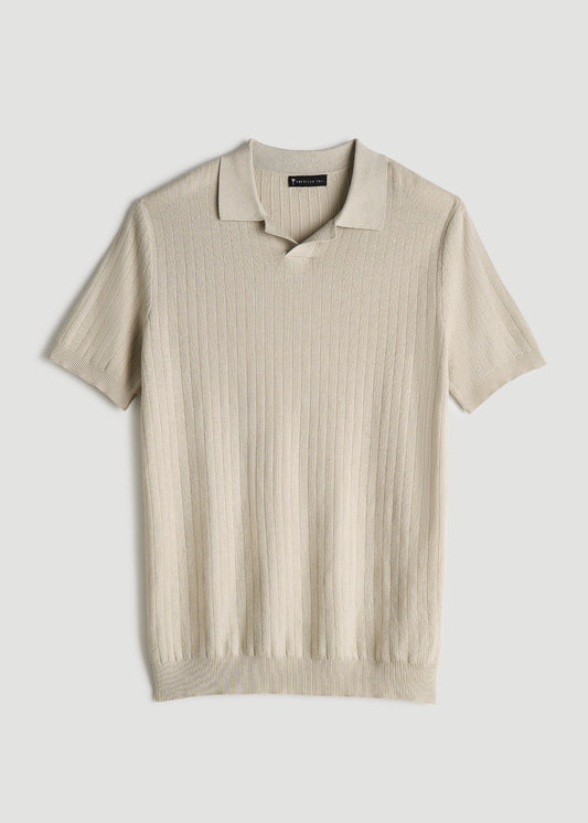 Linen Blend Ribbed Knit Polo Shirt for Tall Men in Stone