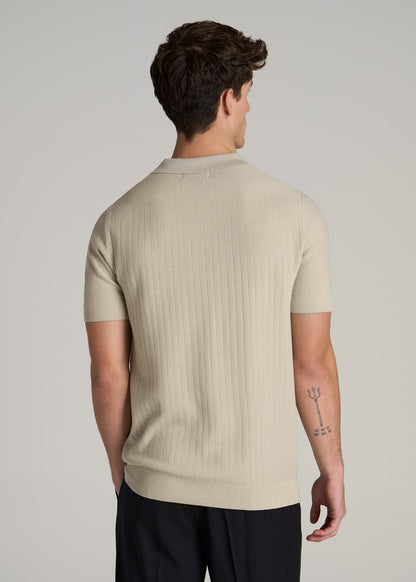 Linen Blend Ribbed Knit Polo Shirt for Tall Men in Stone
