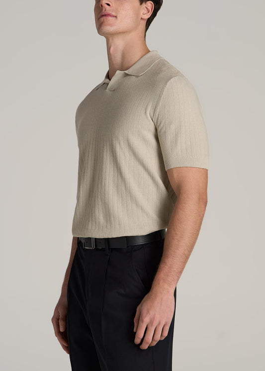Linen Blend Ribbed Knit Polo Shirt for Tall Men in Stone