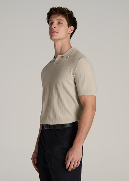 Linen Blend Ribbed Knit Polo Shirt for Tall Men in Stone
