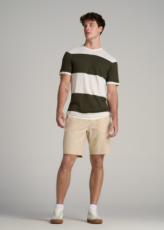 Linen Crewneck T-Shirt for Tall Men in Olive and Ecru Stripe