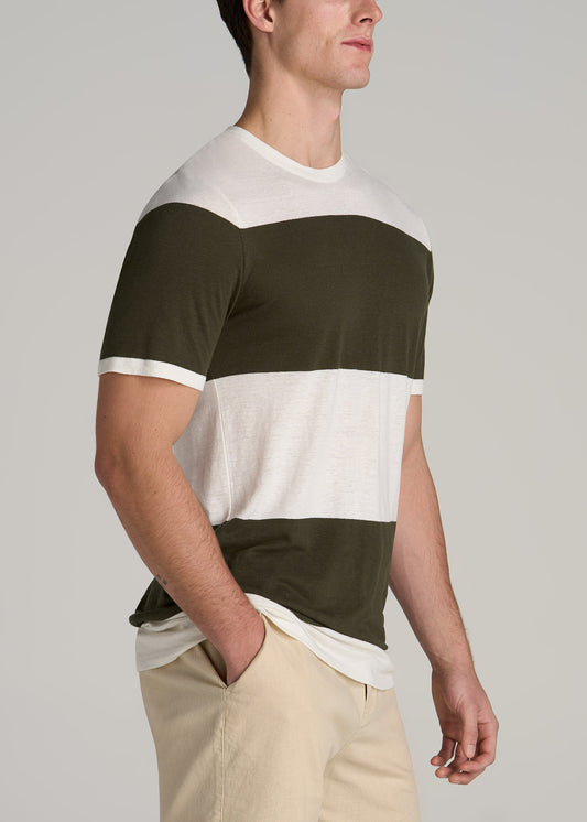 Linen Crewneck T-Shirt for Tall Men in Olive and Ecru Stripe