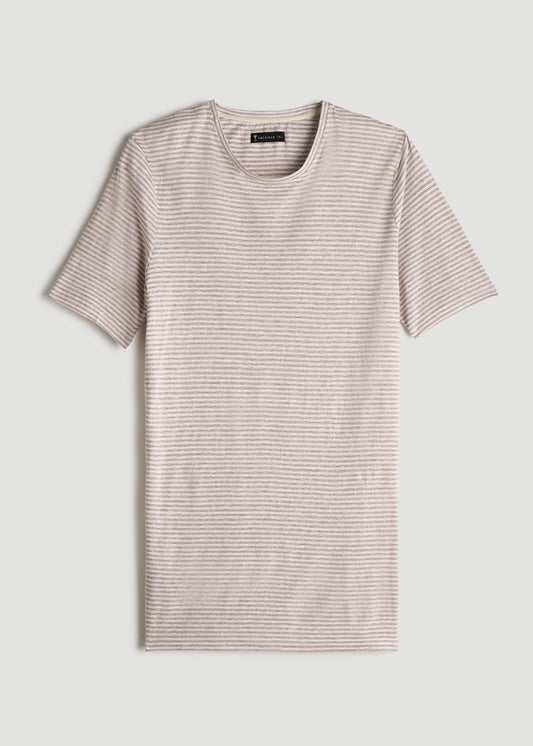 Linen Crewneck T-Shirt for Tall Men in Beige and White Stripe