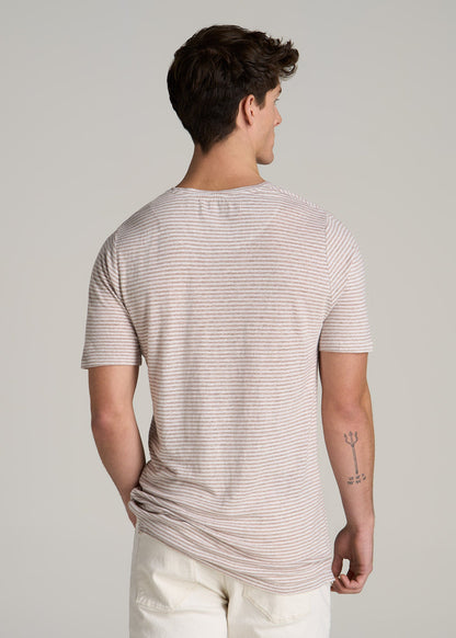 Linen Crewneck T-Shirt for Tall Men in Beige and White Stripe