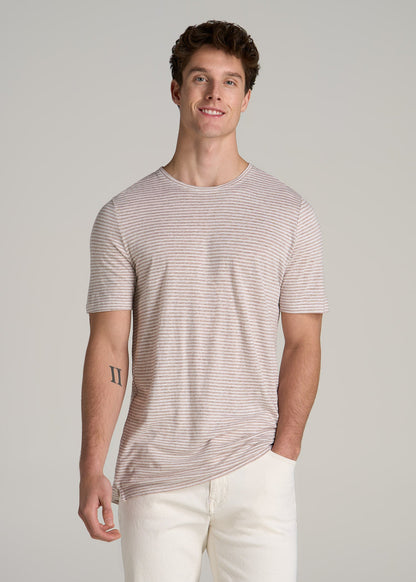 Linen Crewneck T-Shirt for Tall Men in Beige and White Stripe