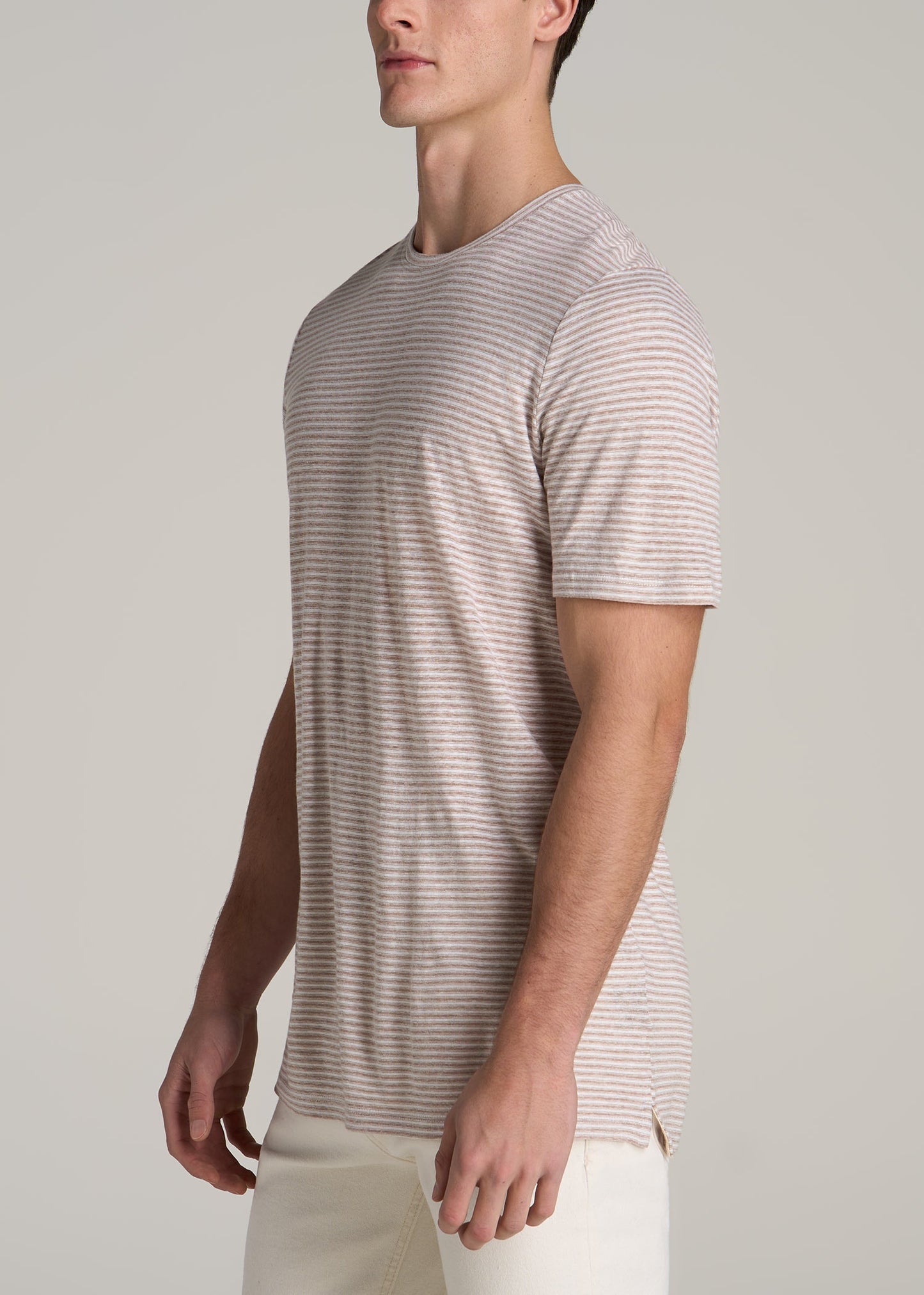 Linen Crewneck T-Shirt for Tall Men in Beige and White Stripe