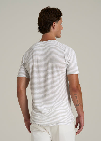 Linen Crewneck T-Shirt for Tall Men in Grey and White Mini Stripe