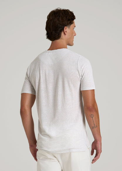 Linen Crewneck T-Shirt for Tall Men in Grey and White Mini Stripe