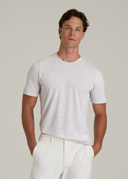 Linen Crewneck T-Shirt for Tall Men in Grey and White Mini Stripe