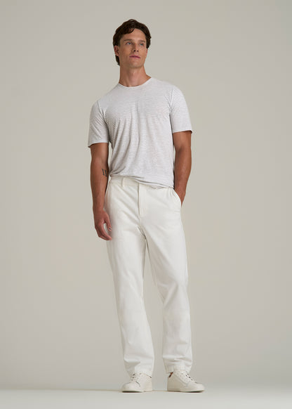 Linen Crewneck T-Shirt for Tall Men in Grey and White Mini Stripe