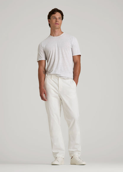 Linen Crewneck T-Shirt for Tall Men in Grey and White Mini Stripe
