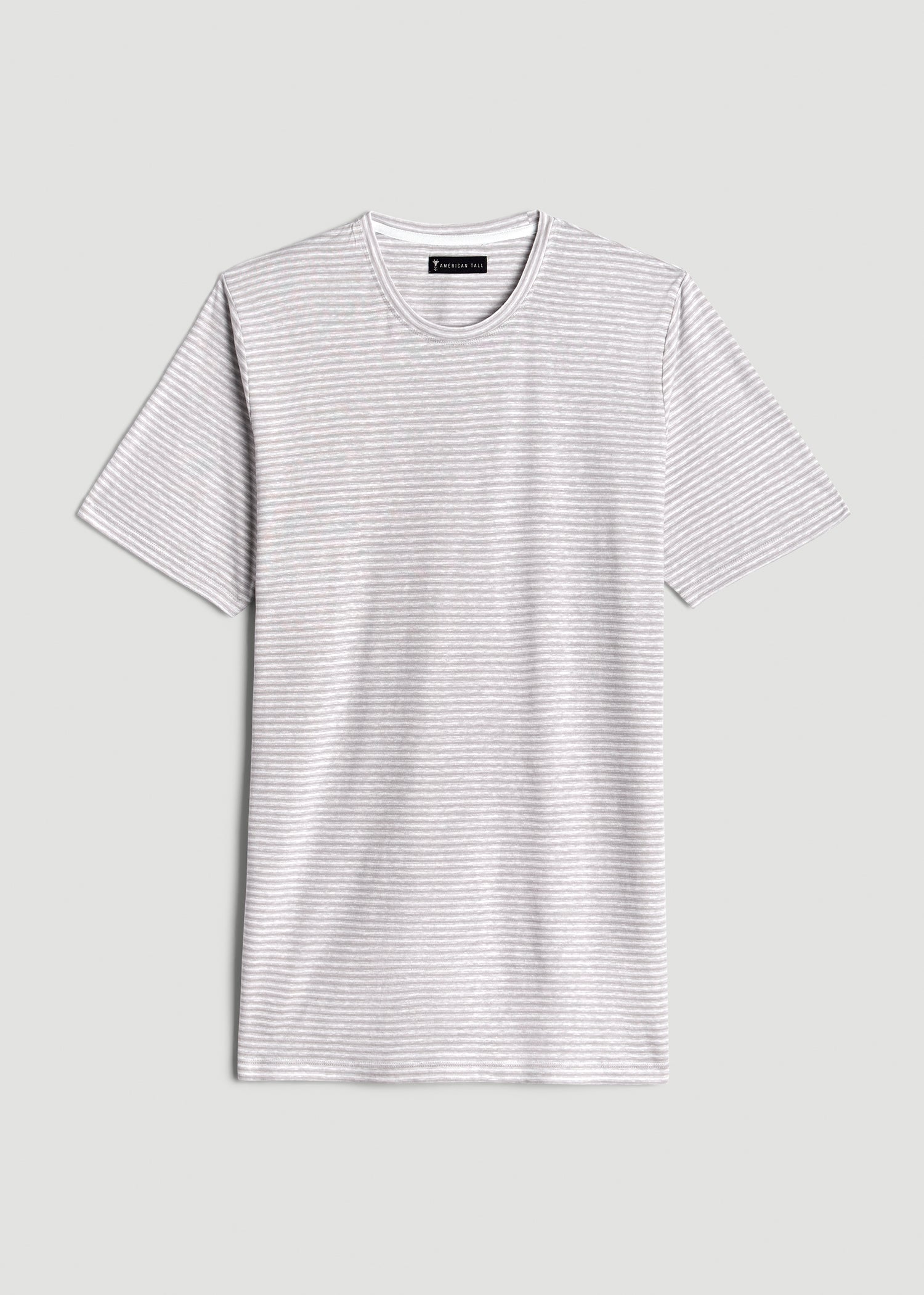 Linen Crewneck T-Shirt for Tall Men in Grey and White Mini Stripe