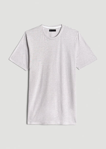 Linen Crewneck T-Shirt for Tall Men in Grey and White Mini Stripe