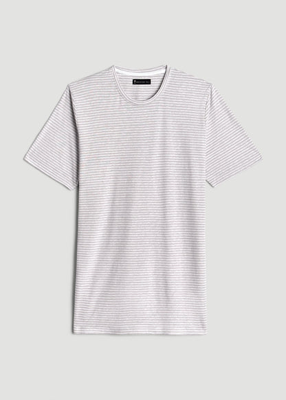 Linen Crewneck T-Shirt for Tall Men in Grey and White Mini Stripe