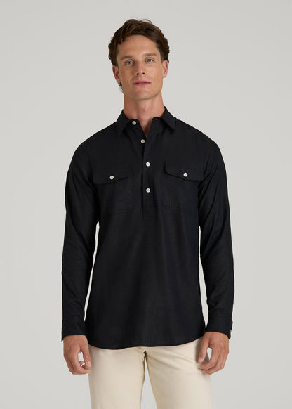 mens linen dress shirts long sleeve Linen Popover Shirt for Tall Men in Black 2XL / Tall / Black