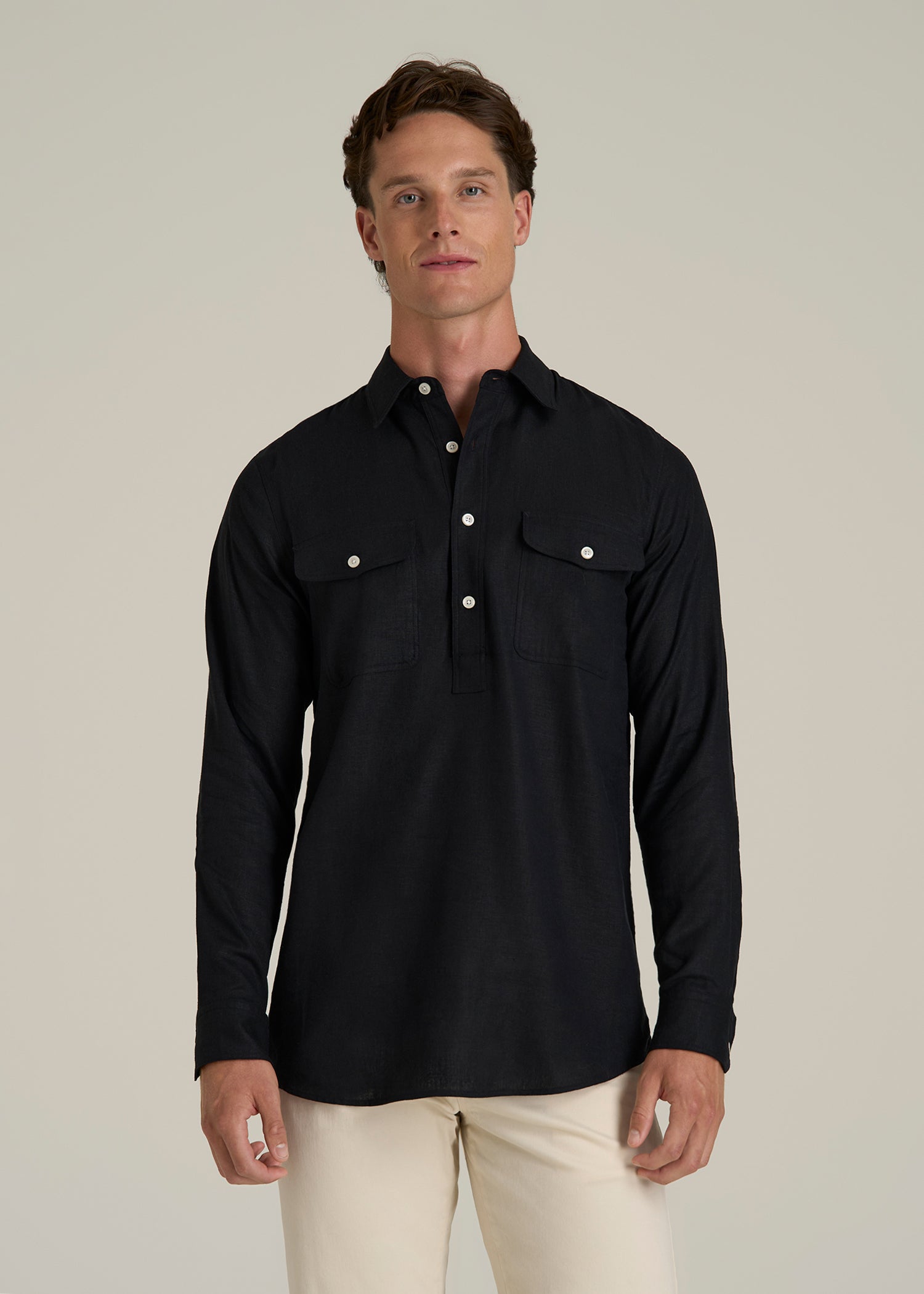 Linen Popover Shirt for Tall Men in Black
