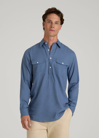 mens linen dress shirt Linen Popover Shirt for Tall Men in Deep Cobalt M / Extra Tall / Deep Cobalt