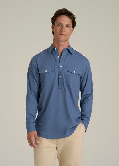 Linen Popover Shirt for Tall Men in Deep Cobalt