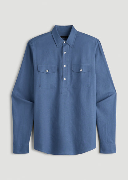 Linen Popover Shirt for Tall Men in Deep Cobalt